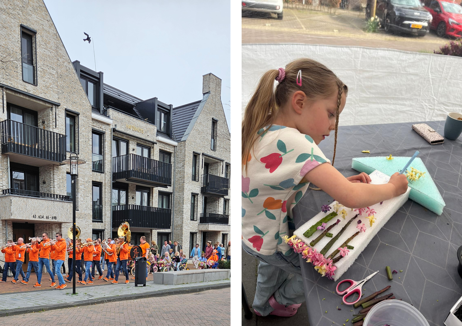 Child pressing hyacinth mosaic during children's parade Lisse 2026