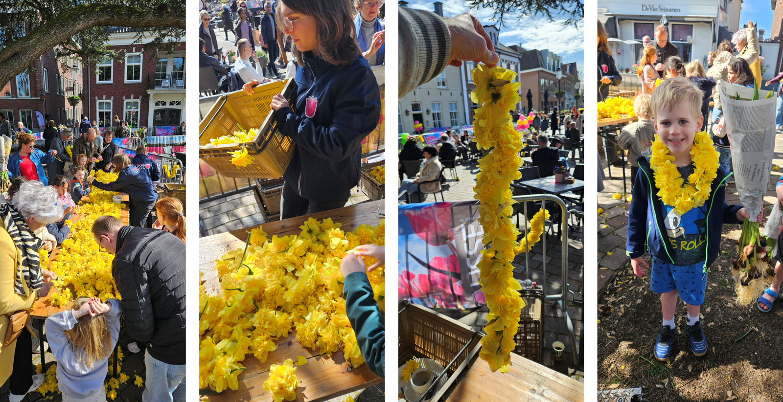 Children making narcissus wreaths at the tulip pluktuin Lisse 2026